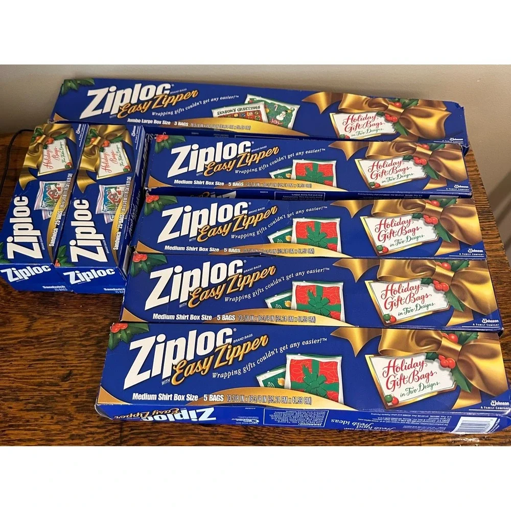 7 Vintage Ziploc Easy‎ Zipper Holiday Christmas Gift Storage Bags Medium & Jumbo